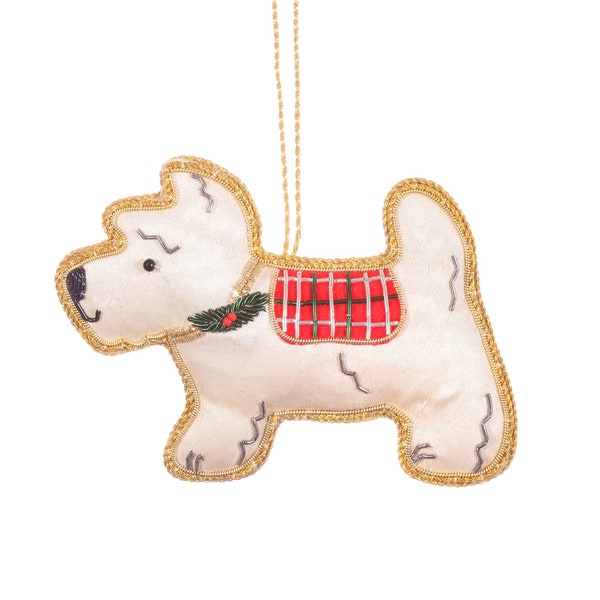 Scottie – ornement brodé en forme de chien, tissu Terrier écossais, boule blanc rouge, décoration de noël, arbre suspendu Zari