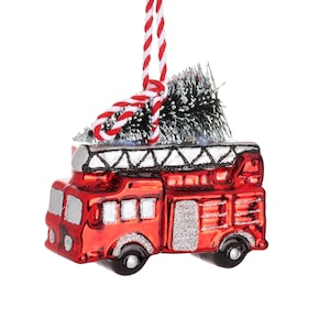 Pre Order Fire Engine with Tree Shaped Bauble Red White Black Glass Fireman Truck Christmas Decoration Hanging Xmas Ornament Novelty Gift