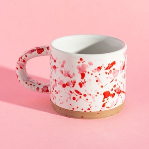 Pink and Red Splatter Pattern on White Mug with Handle Cup Made from Stoneware Birthday Gift for Tea Coffee Lover His and Hers