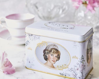 Diana Princess of Wales White Tea Tin 40 Bags of English Breakfast Vintage Inspired Afternoon Party Gold Teacup Teapot Kitchen Birthday Gift
