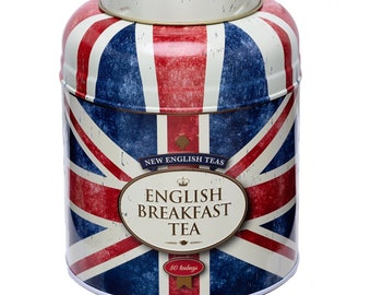 Union Jack Tea Caddy 80 Bags of English Breakfast Vintage Inspired Afternoon Party Gold Teacup Teapot Design Kitchen Birthday Gift