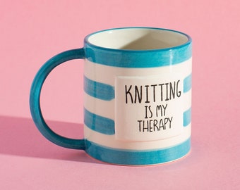 Knitting Is My Therapy Blue Stripes Mug with Handle Cup White Birthday Gift for Tea Coffee Lover Crochet Sewing Vintage His Hers Stoneware