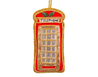 Telephone Box Shaped Embroidered Ornament Fabric Bauble Red Gold London Christmas Decoration Hanging Tree Zari