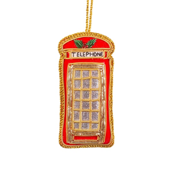 Telephone Box Shaped Embroidered Ornament Fabric Bauble Red Gold London Christmas Decoration Hanging Tree Zari