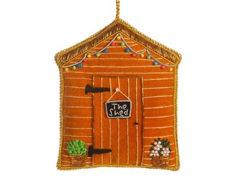 Garden Shed Shaped Embroidered Ornament Fabric Bauble Green Orange Flowers Plants Tools Gardener Christmas Decoration Tree Zari