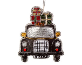 London Taxi Shaped Embroidered Ornament Fabric Bauble Black White Red Green Christmas Decoration Hanging Tree Zari