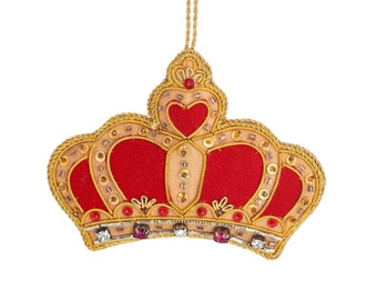 Red and Gold Crown Shaped Embroidered Ornament Fabric Bauble King Queen Royal Tiara Throne Christmas Decoration Hanging Tree Zari