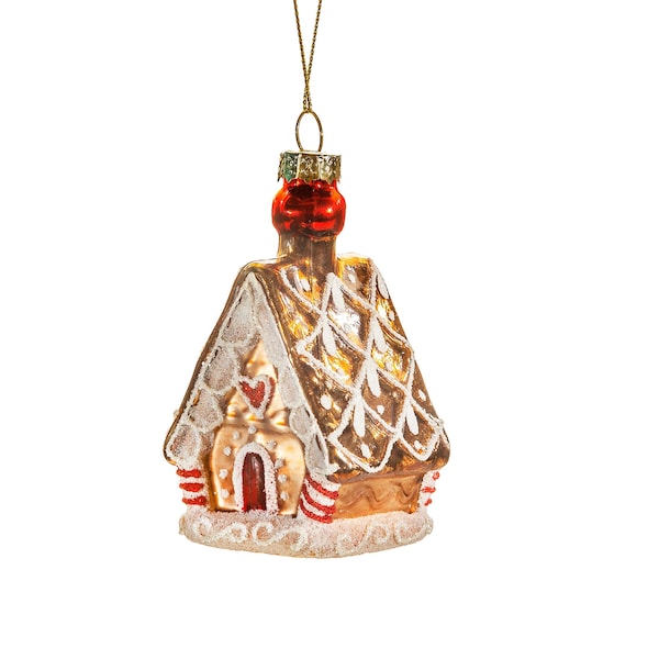 Traditional Gingerbread House Shaped Bauble Gold Fairytale Glass Christmas Decoration Hanging For Xmas Tree Ornament Novelty Gift