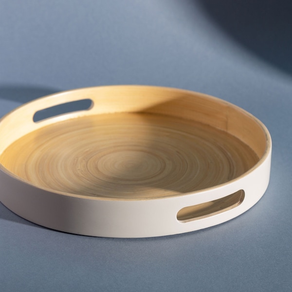 Plateau de service rond en bambou gris avec poignées pour le thé de l'après-midi, cocktails, table basse en bois, articles de maison, cadeau, 30 x 30 x 4 cm