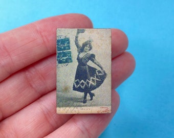 Dancing Victorian Lady Picture Wooden Brooch Pin Stamped Photo Postcard Message Travel Memory Fashion Vintage Outfit Birthday Gift