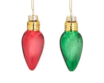 Set of 2 Red and Green Light Bulb Shaped Baubles Glass Christmas Decoration Hanging For Xmas Tree Ornament Novelty Gift Stocking
