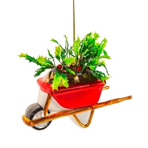 Kruiwagen met hulstvormige kerstbal groen rood glas tuintuinman kerstversiering hangende kerstboom ornament nieuwigheid cadeau