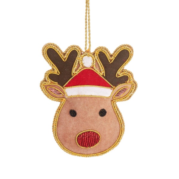 Rudolph with Santa Hat Shaped Embroidered Ornament Fabric Bauble Brown Red Reindeer Christmas Decoration Hanging Tree Zari