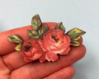 Pink Two Rose Flower Wooden Brooch Pin Leaves Petal Garden Floral Plant Nature Outfit Birthday Gift Present Unique for Her
