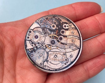 Silver Watch Movement Wooden Brooch Pin Inside Watch Clock Calibre Mechanical Parts Watchmaker Steampunk Antique Gift Birthday Art Outfit