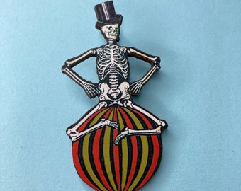 Skeleton in Black Top Hat on Ball Wooden Brooch Pin Halloween Magic Dancing Scary Costume Art Red Green White Birthday Present Gift Outfit