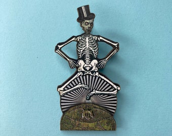 Skeleton in Black Top Hat on Stone Wooden Brooch Pin Halloween Magic Dancing Scary Costume Art Illustration Birthday Present Gift Outfit