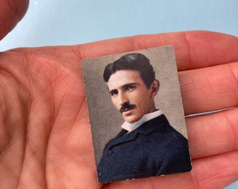 Nikola Tesla Portrait Wooden Brooch Pin Face Headshot Inventor Scientist Gentleman Photograph Picture Photography Man Vintage Gift Outfit