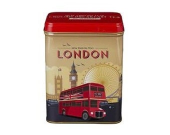 Red and Gold Retro London Tea Tin 40 Bags of English Breakfast Vintage Inspired England Bus Afternoon Party Teacup Teapot Souvenir Gift