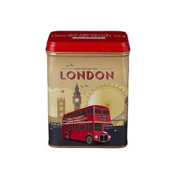 Red and Gold Retro London Tea Tin 40 Bags of English Breakfast Vintage Inspired England Bus Afternoon Party Teacup Teapot Souvenir Gift