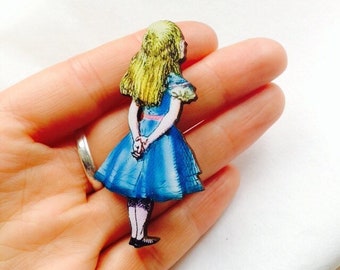 Alice in Wonderland Wearing a Blue Dress Blonde Hair Wooden Brooch Pin Birthday Gift Afternoon Unbirthday Tea Party Present Outfit Jewellery