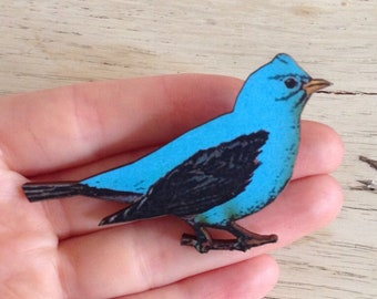Turquoise blue and black Bird Wooden Brooch Pin Flying Birds Woodland Gift Watcher Wildlife Nature Birthday for Her Small Present Christmas