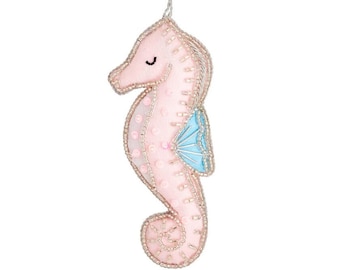 Pink Seahorse Shaped Embroidered Fabric Baubles Christmas Tree Decoration Zari Light Shatterproof Ornament Under the Sea Silver Bauble Gift