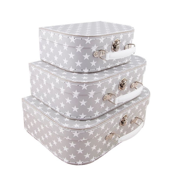 Grey with White Stars Set of 3 Suitcase for Storage Shelf Stacking Handle for Carrying Kids Toys Photos Memories Konmari Tidying Home