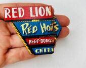 Red Lion Neon Sign Brooch Chili Beef Burgers Blue Laser Cut Wooden Pin USA Travel Road Trip American Gap Year Food Lover