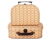 Rattan Print Style Beige Brown Set of 2 Suitcases Storage Shelf Stacking Carry Handle Photos Memories Konmari Tidying Home