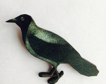 Crow Black Bird Rook Raven Halloween Bird Wooden Brooch Pin Birds Woodland Gift Watcher Wildlife Nature Birthday for Her Small Present