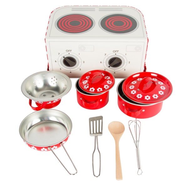 Red Daisies Kids Cooking Set Flowers Saucepan Frying Pan Colander Spoon Whisk Spatula Tin Playtime Picnic Toy Children Carry Suitcase