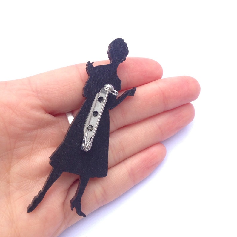 1950s 1960s Lady wearing Dark Green dress Vintage Fashion Model Wooden brooch pin Birthday Gifts for Fashion Student Gifts Burlesque Pinup