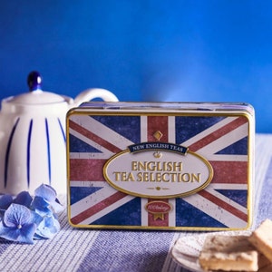 Union Jack Tea Tin 100 Bags of English Tea Selection Vintage Inspired Breakfast Afternoon Party Teacup Teapot Design Kitchen Birthday Gift