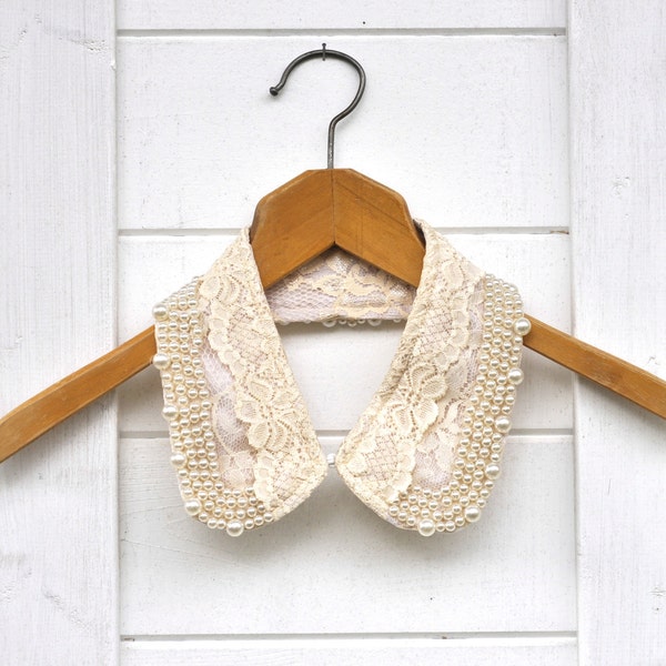 Peter Pan Collar Necklace Champagne Cream Lace and pearl Wedding Bridal Vintage style