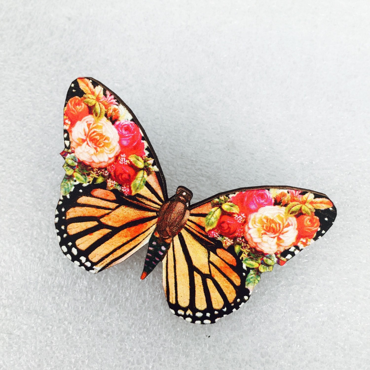 Orange Pink and Black Floral Butterfly Wooden Brooch Pin Birthday