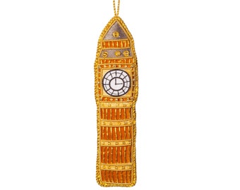 Big Ben Shaped Embroidered Ornament Fabric Bauble Gold London Christmas Decoration Hanging Tree Zari