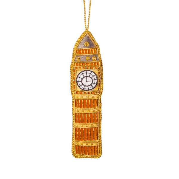 Adorno bordado en forma de Big Ben, adorno de tela dorado, decoración navideña de Londres, árbol colgante Zari
