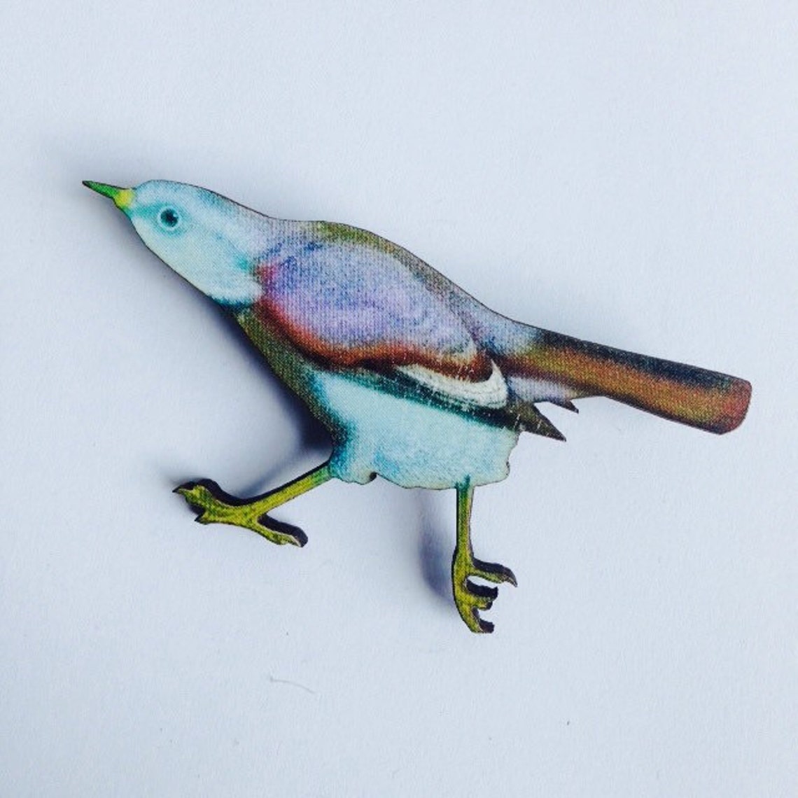 Pastel Duck Egg Blue Lilac Tropical Bird Wooden Brooch Pin Etsy