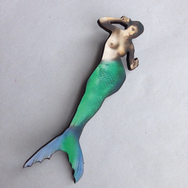 Mermaid Green and Blue Tail Wooden Brooch pin Seaside Princess Birthday Party Victorian Style Gift Pin Up Burlesque