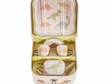 Dinosaurs Kids Tea For Two Set Beige Green Orange Yellow Dino Teapot Tea Cup Plate Tin Playtime Picnic Toy Childrens Carry Suitcase