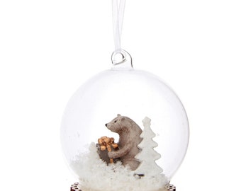 Bear with Gift Dome Shaped Bauble White Brown Glass Christmas Decoration Hanging Xmas Tree Ornament Novelty Gift Stocking Stuffer