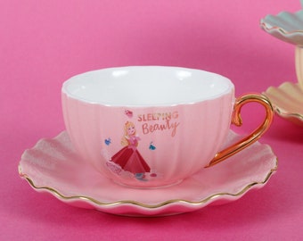 Aurora Sleeping Beauty Baby Pink Princess Tea Cup and Saucer with Gold Handle Birthday Gift for Afternoon Tea with Collectable Gift Box