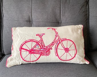 Bicycle Cushion Pink Floral Appliqué on Beige with Inner Complete for Cyclists Sofa Chair Bed Home Decoration