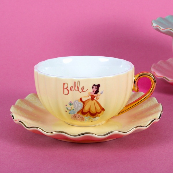 Belle Yellow Princess Tea Cup and Saucer with Gold Handle Made from Stoneware Birthday Gift for Afternoon Tea with Collectable Gift Box