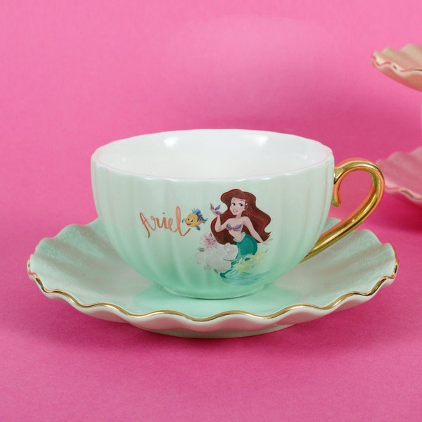 Ariel Mint Green Princess Tea Cup and Saucer with Gold Handle Made from Stoneware Birthday Gift for Afternoon Tea with Collectable Gift Box