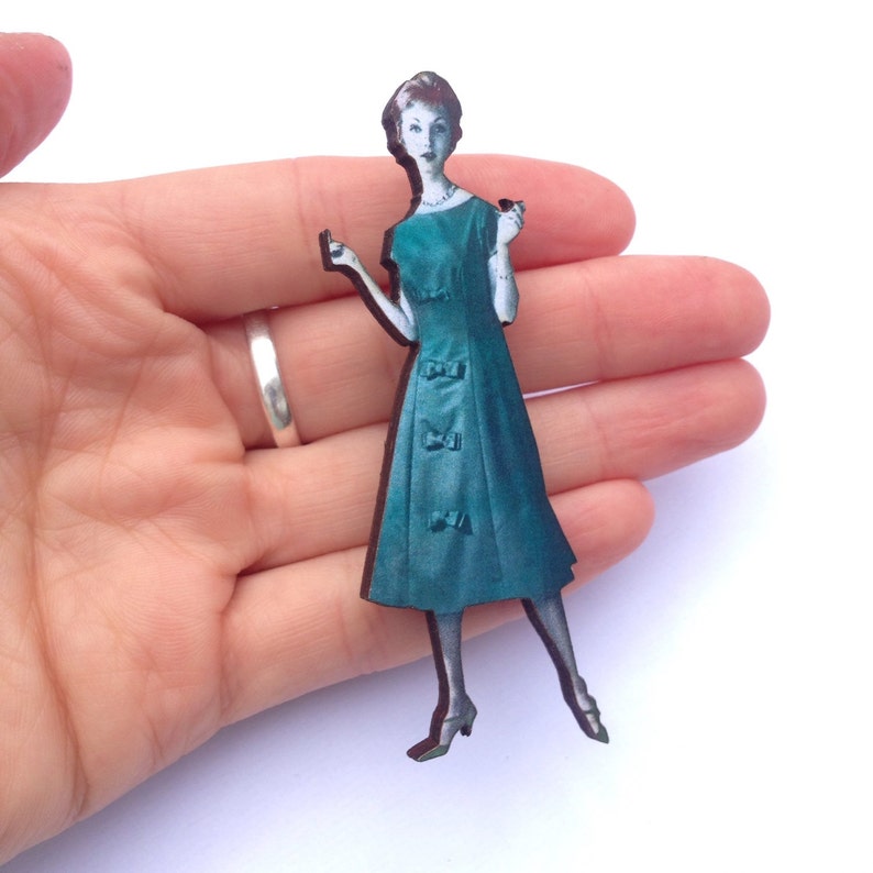 1950s 1960s Lady wearing Dark Green dress Vintage Fashion Model Wooden brooch pin Birthday Gifts for Fashion Student Gifts Burlesque Pinup