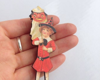 Halloween Kitsch Kid in Red with Jack o Lantern Stick Orange Pumpkin Halloween  Wooden Brooch Pin Birthday Gift Laser Cut