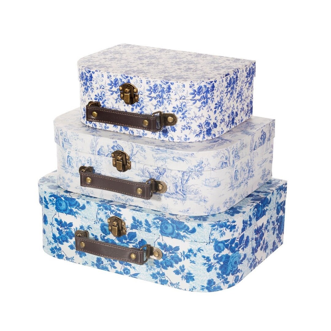 Celeste Blue and White Floral Set of 3 Suitcases for Storage - Etsy Australia