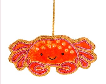 Crab Shaped Embroidered Fabric Baubles Christmas Tree Decoration Zari Light Shatterproof Ornament Under the Sea Orange Gold Bauble